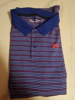 Under Armour Blue Striped Polo with Red Logo